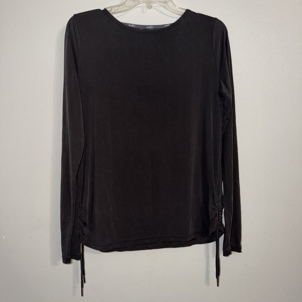 Belyn Key Shirt Top Womens Rouched Sides‎ Black Liquid Knit Activewear Medium